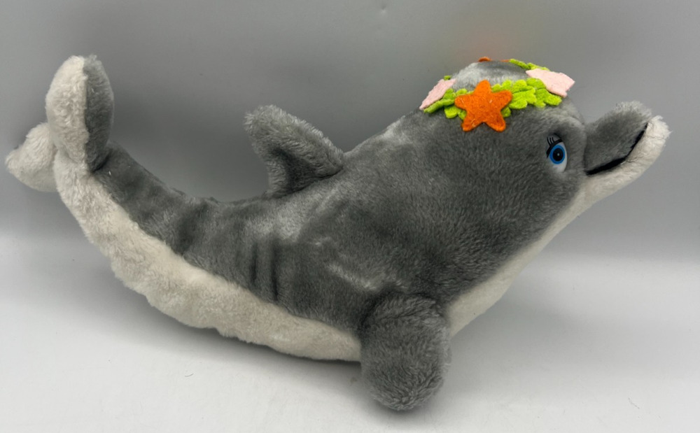 SeaWorld Dolphin Plush Gray White 14" Flower Starfish Stuffed Animal Toy